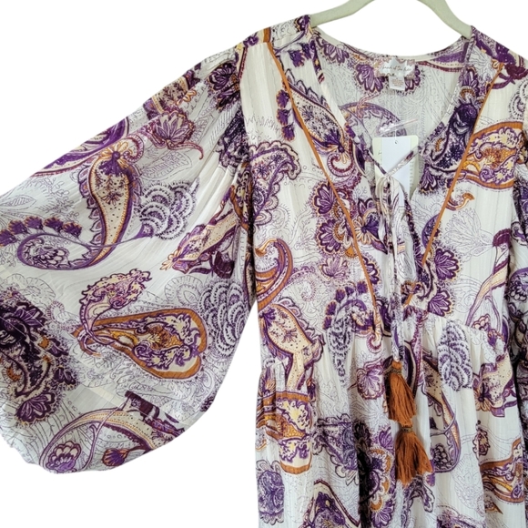 BAND OF THE FREE Sz M Cream Purple Paisley Lyonette Boho Flowy Mini Dress - Picture 10 of 16